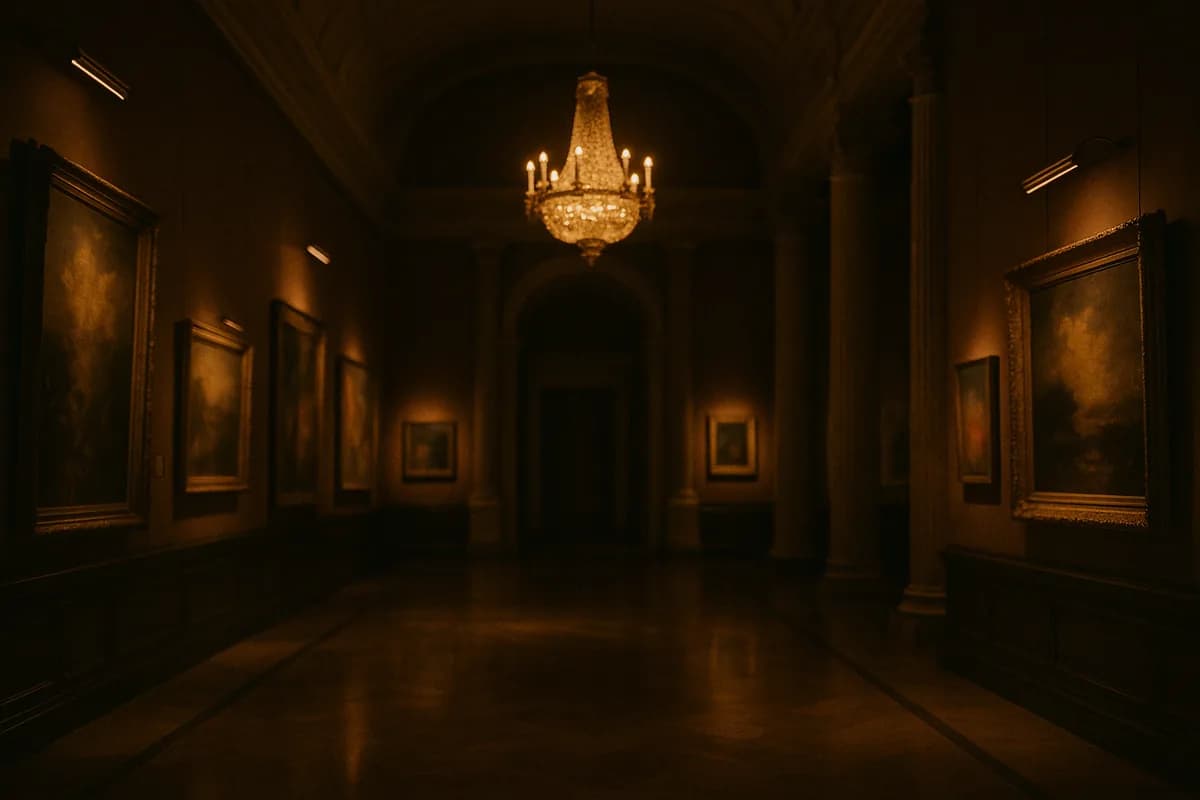 Abendlicher Galeriesaal eines Kunstmuseums mit Kronleuchter